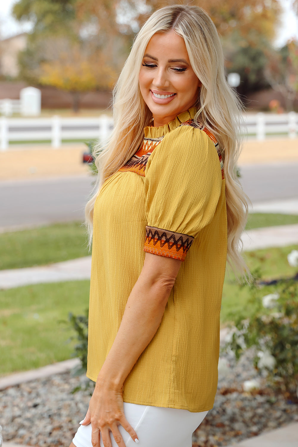 Jazlyn Geometric Short Puff Sleeve Frilled Blouse