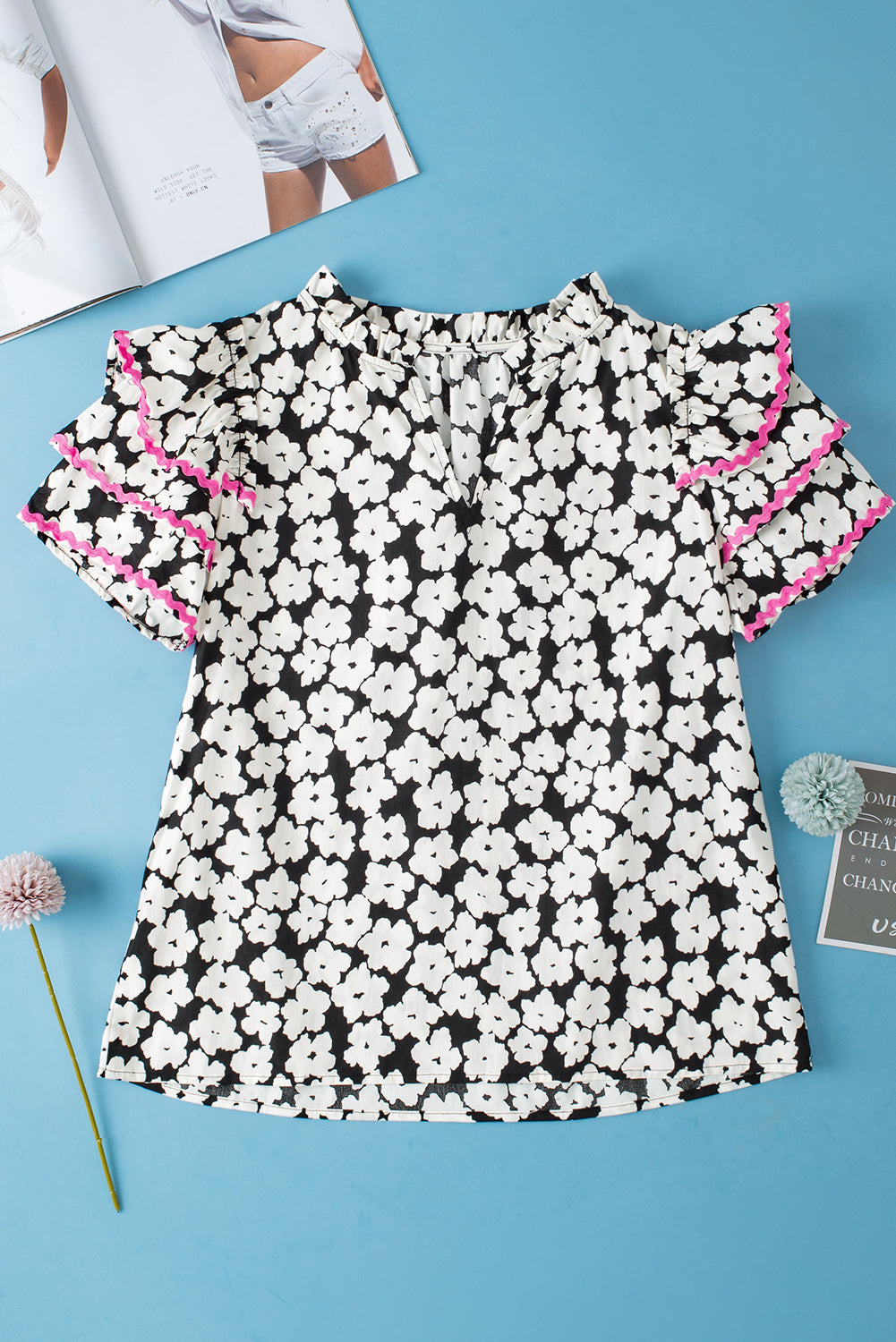 Capri Floral Ric Rac Ruffle Sleeve Blouse