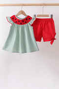 Green Watermelon Stripe Smocked Embroidered Seersucker Set