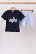 Navy Puppy Applique Seersucker Set