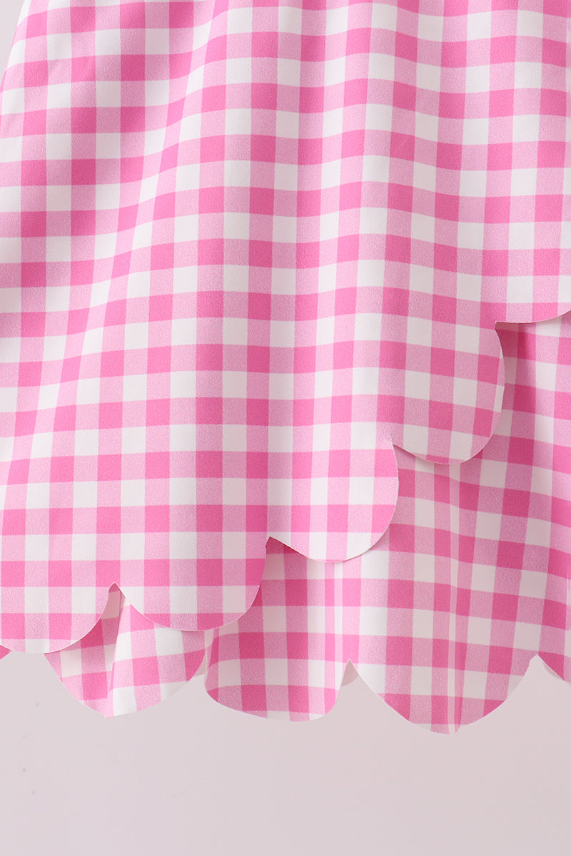 Pink Performance Gingham Bow Scalloped Dress