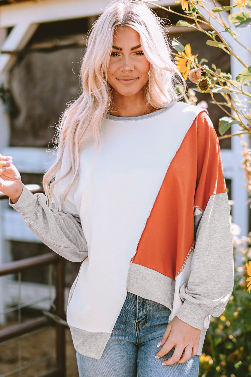 Isabella Stitching Irregular Hem Long Sleeve Top