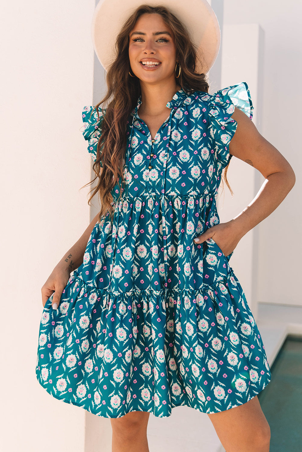 Sierra Retro Floral Ruffle Short Sleeve Dress