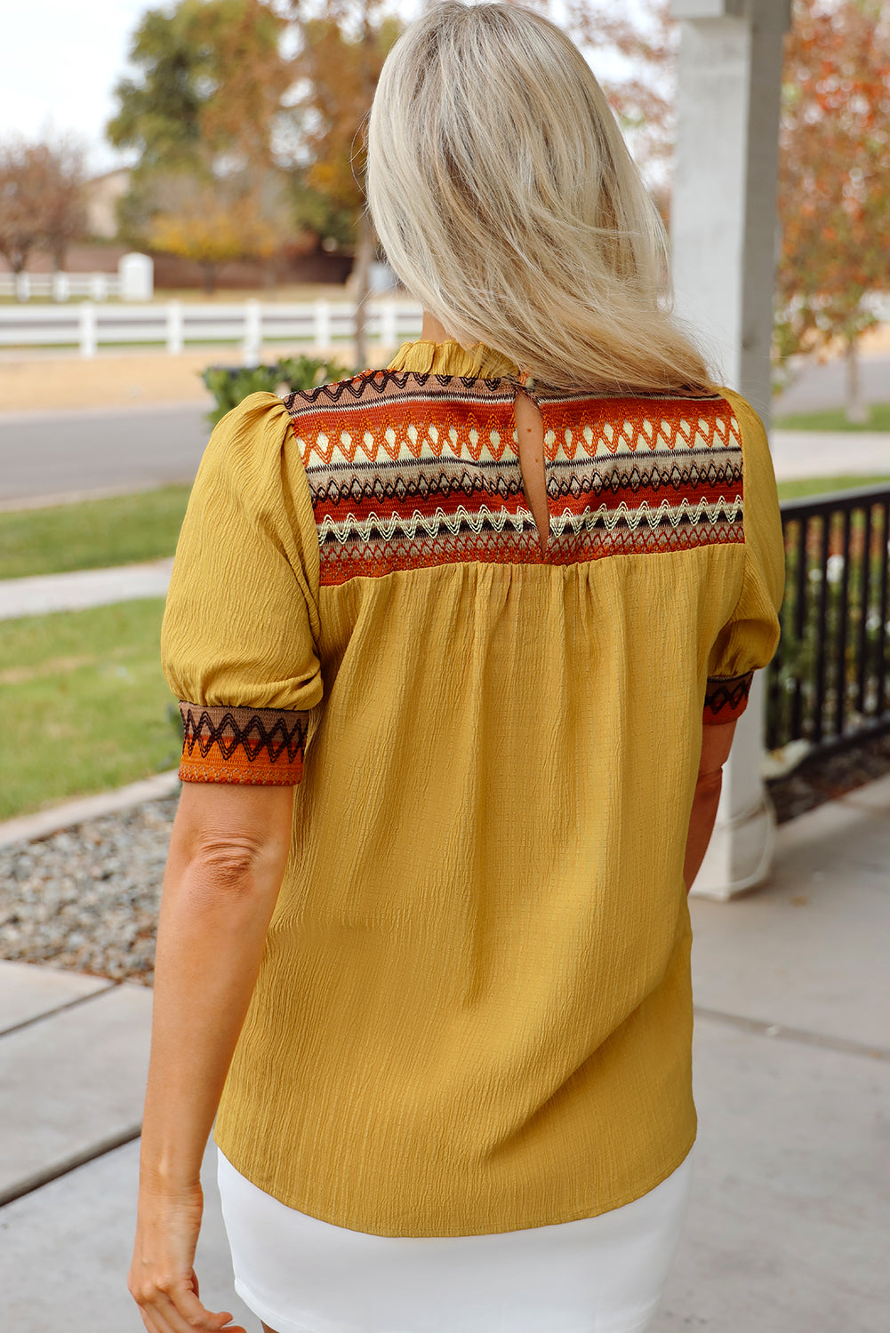 Jazlyn Geometric Short Puff Sleeve Frilled Blouse