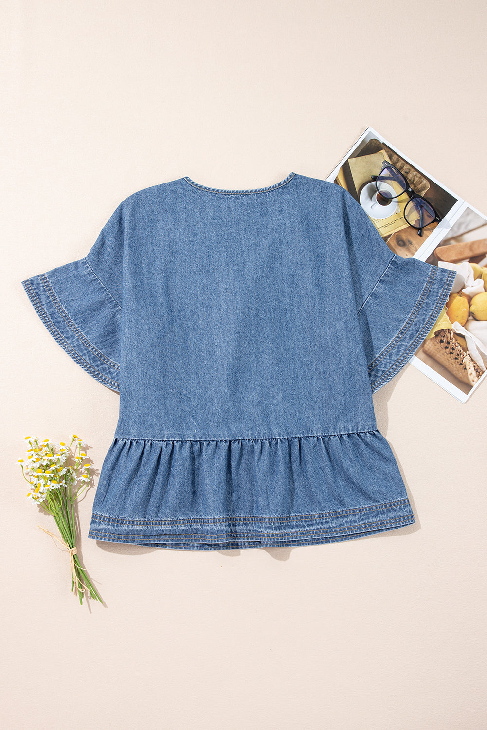 Liv Denim Ruffled Sleeve Lace up Front Peplum Top