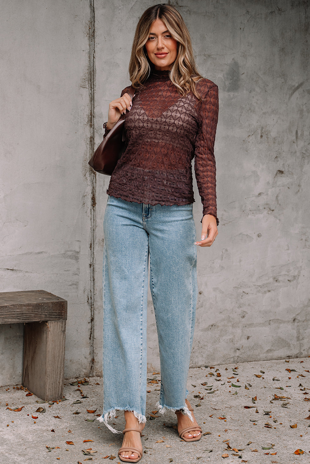 Ruth Sheer Mesh Patterned Lettuce Trim Top