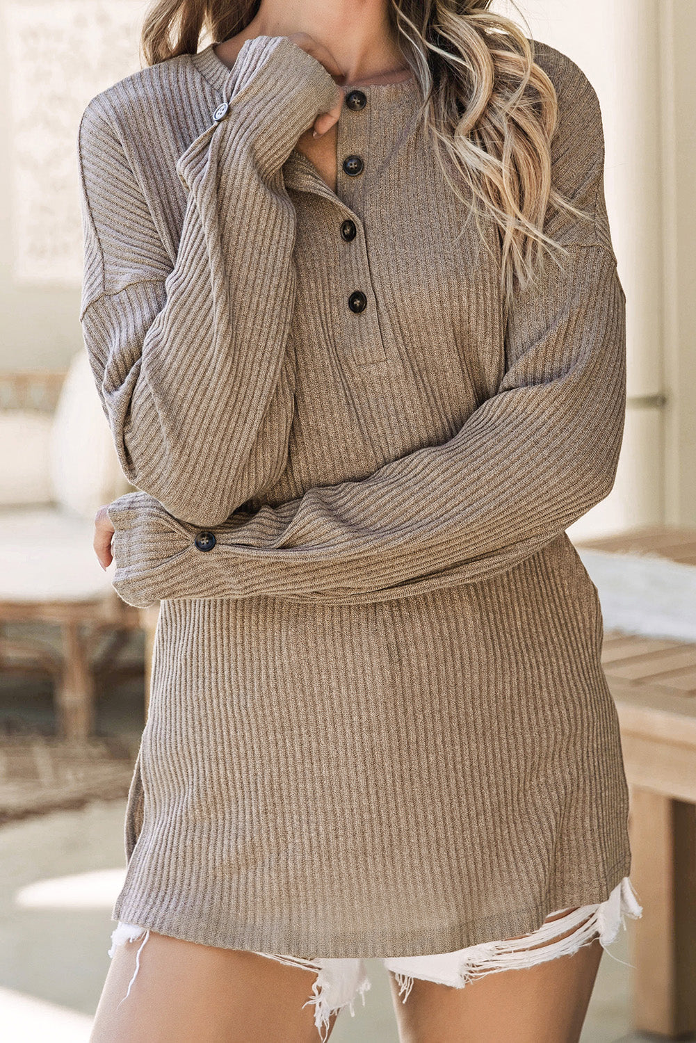 Evie Rib Textured Henley Knit Top