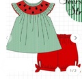 Green Watermelon Stripe Smocked Embroidered Seersucker Set