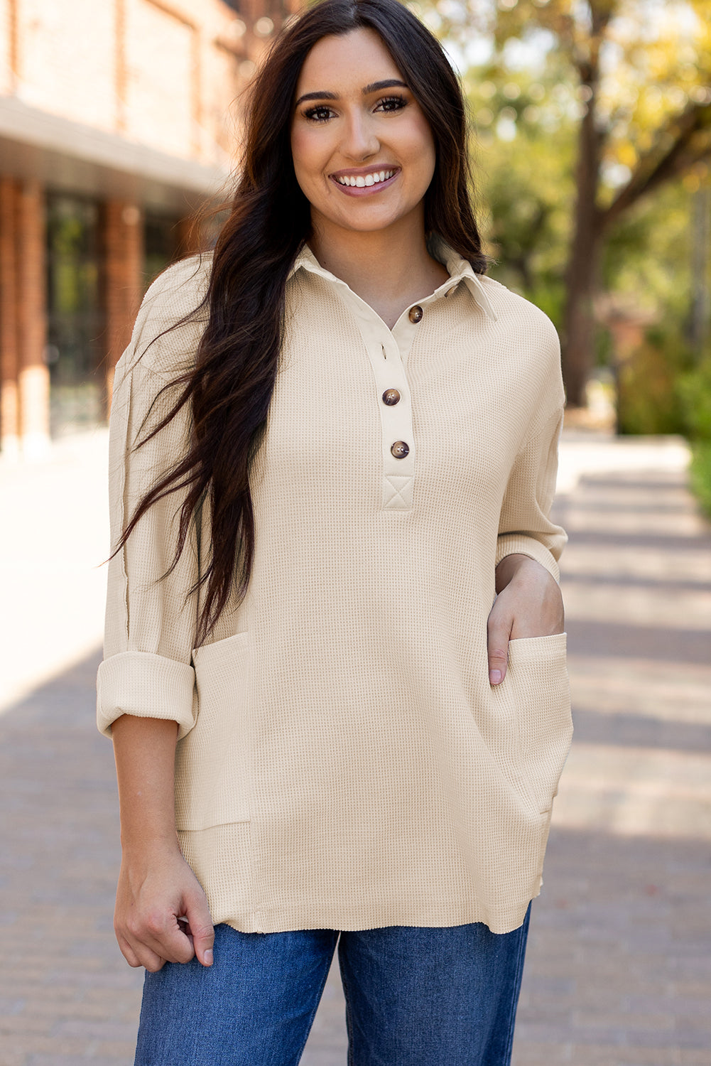 Arianna Waffle  Half Button Top.