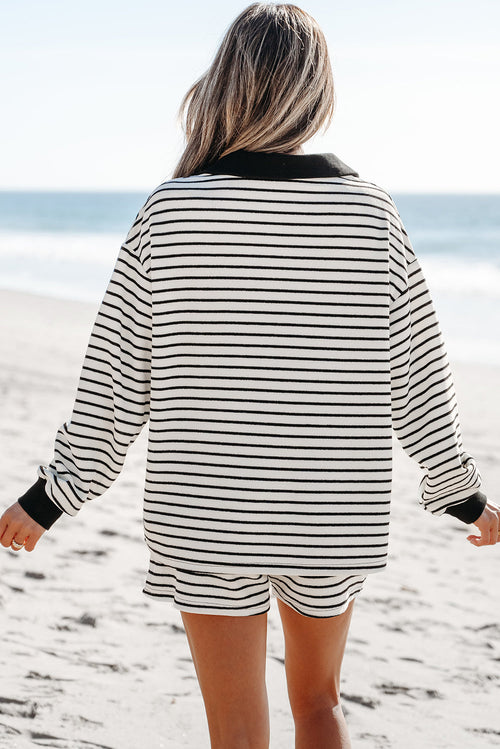 Alivia Stripe Collared Top and Drawstring Shorts Set