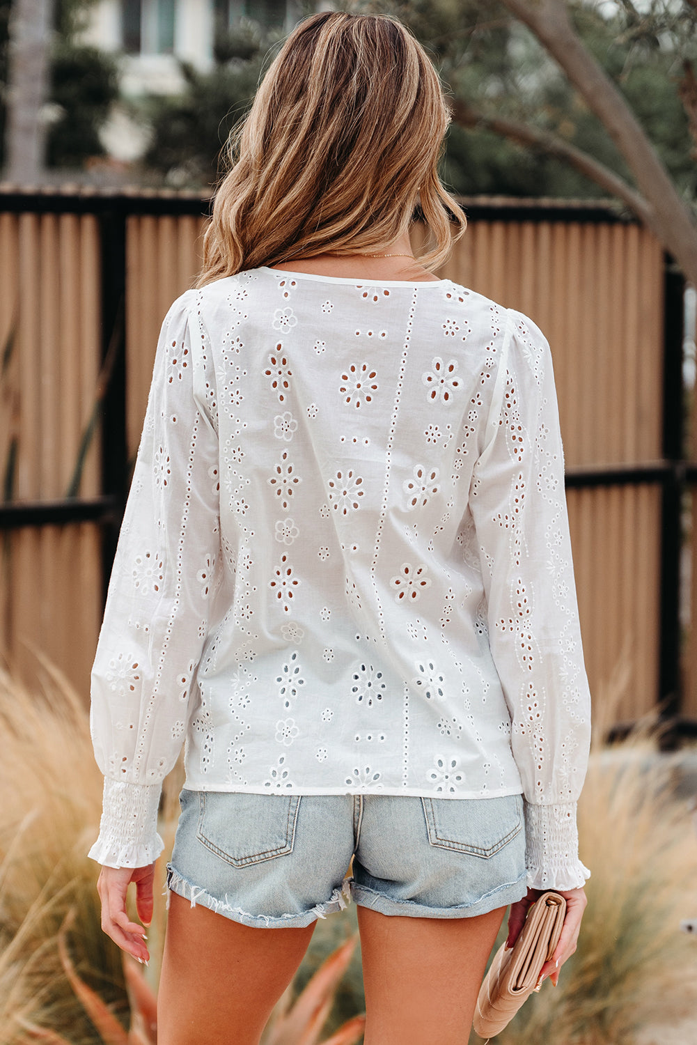 Allison Eyelet Embroidered Smocked Cuff Sheer Blouse