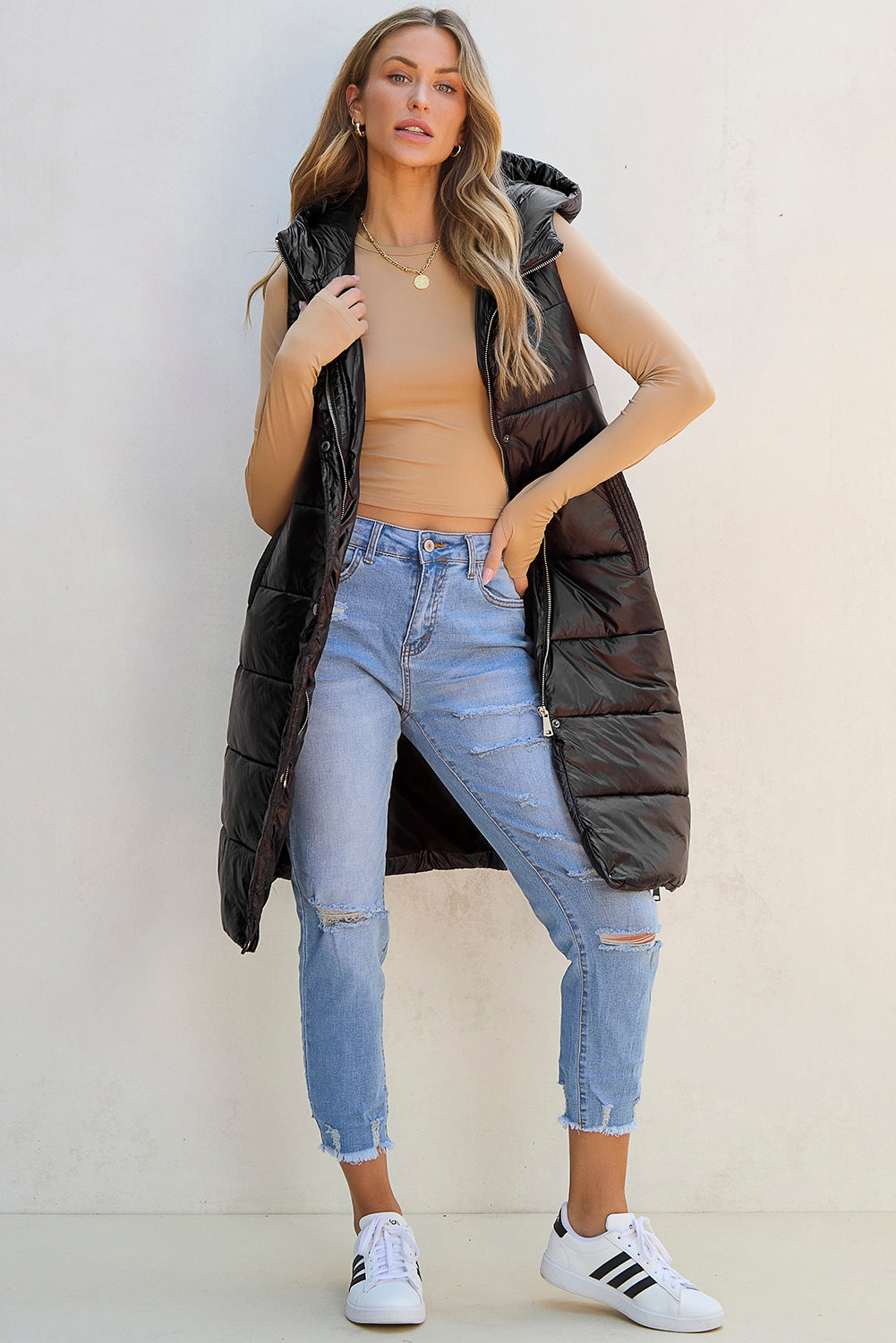 Black Hooded Long Quilted Vest PLUS Coat