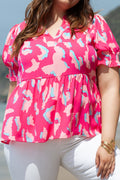 Dani Plus Abstract Print Puff Sleeve V Neck Blouse