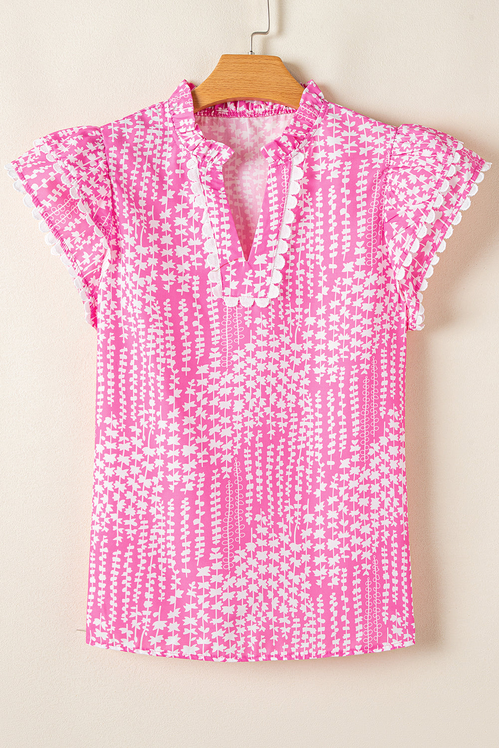 Cynthia Ric Rac Trim Flutter Sleeve Notch V Neck Blouse